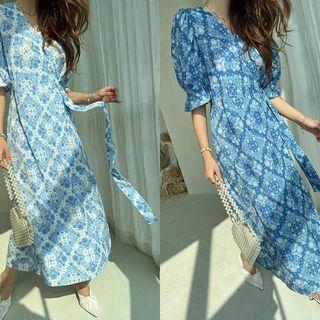 Puff-sleeve Paisley Wrap Long Dress
