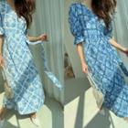 Puff-sleeve Paisley Wrap Long Dress