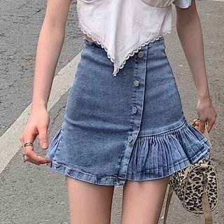 High-waist Asymmetric Pleated Denim Skirt