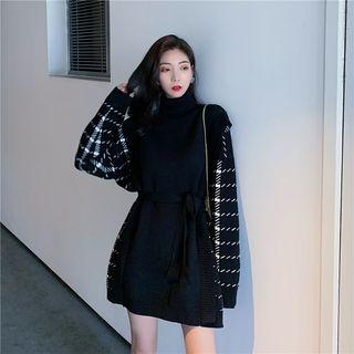 Mock Two Piece Plaid Knit Dress Black - One Size
