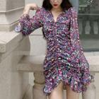 Floral Long-sleeve Mini Chiffon Dress As Shown In Figure - One Size