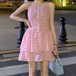 Spaghetti Strap Check Tiered Mini A-line Dress