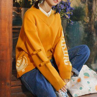 Bow-detail Printed V-neck Sweater