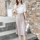 Set: Bow Detail Flared-sleeve Blouse + Plaid A-line Skirt