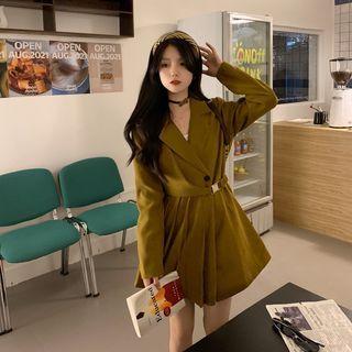 Long-sleeve Tie Waist A-line Dress Curcumin - One Size