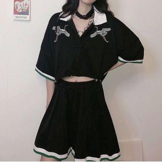 Contrast Collar Short Sleeve Embroidered Cropped Top / Pleated A-line Skort