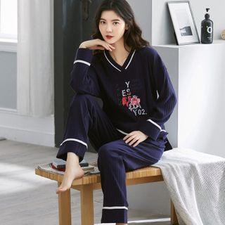 Loungewear Set : Contrast Trim Lettering Jacquard Top + Pants