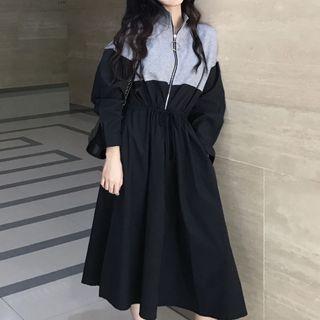 Two-tone Drawstring Long-sleeve Midi Shift Dress