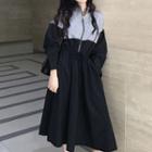 Two-tone Drawstring Long-sleeve Midi Shift Dress
