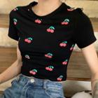 Short-sleeve Cherry Print Cropped T-shirt Black - One Size