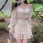 Bell-sleeve Off-shoulder Halter Neck Top / Mini A-line Skirt