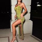 Halter-neck Ruched Slit-hem Midi Sheath Dress
