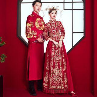 Couple Matching 3/4-sleeve Wedding Cheongsam / Headpiece / Set
