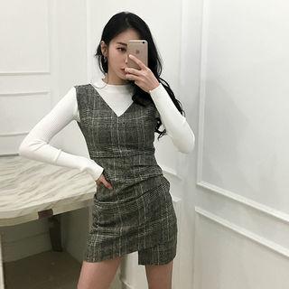 Sleeveless Shirred-detail Plaid Wool Blend Mini Dress