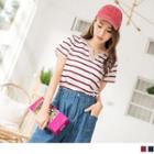 Notched Neck Short-sleeve Striped Top