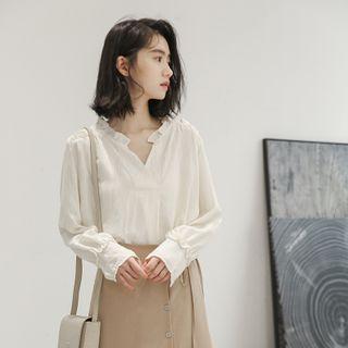 Plain Ruffle Trim Long-sleeve Blouse Almond - One Size