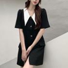 Elbow-sleeve Collared Mini A-line Dress Black - One Size