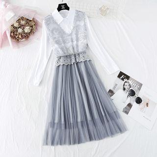 Set: Color-block Pleated Dress + Lace Vest