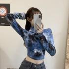 Long-sleeve Tie-dye Mock-neck Crop Top