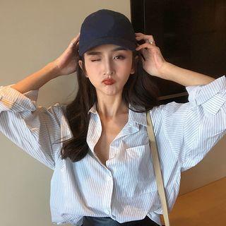 Striped Long-sleeve Loose-fit Shirt / Irregular Faux-leather Skirt