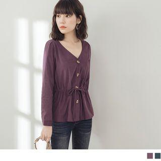 Drawstring Waist V-neck Buttoned Top