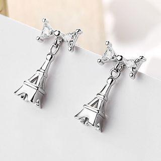 925 Sterling Silver Rhinestone Bow Eiffel Tower Dangle Earring As Shown In Figure - One Size