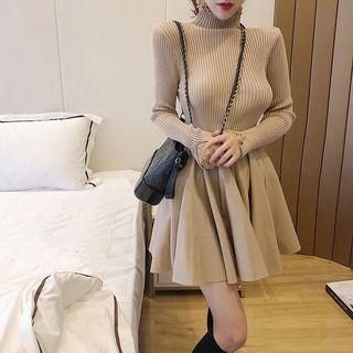 Plain Long-sleeve Slim-fit A-line Dress