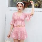 Set: Strappy Bikini Top + Swim Skirt + Cover-up