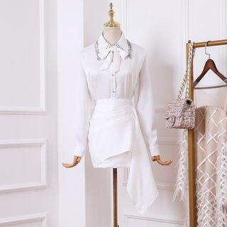 Set: Chiffon Blouse + Asymmetric Pencil Mini Skirt