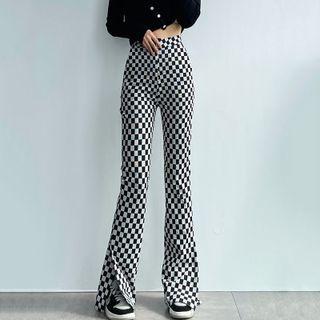 Checkerboard Slit-hem Boot-cut Pants