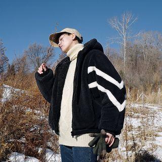 Two-tone Faux Shearling Zip Hooded Jacket