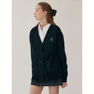 Basic V-neck Dual-pocket Cardigan Black - One Size