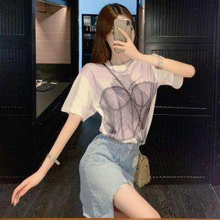 Short-sleeve Printed T-shirt / Ripped A-line Denim Skirt
