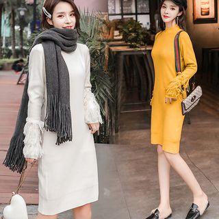 Long-sleeve Mock Neck Fringe-trim Knit Dress