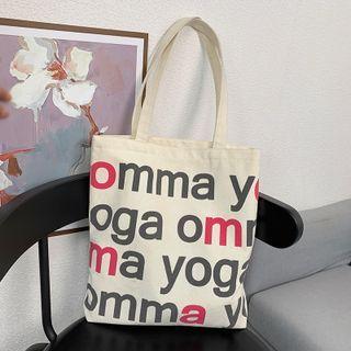 Lettering Canvas Tote Bag Omma - Gray Lettering - Khaki - One Size