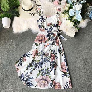 Floral Print Wrap-front Sleeveless Dress
