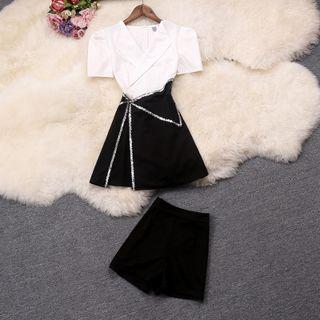 Set: Short-sleeve Sequined Paneled A-line Dress + Shorts