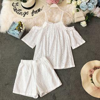 Set: Eyelet-lace Cold-shoulder Blouse + Shorts White - One Size