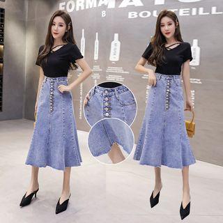 Ruffle Hem Midi A-line Denim Skirt