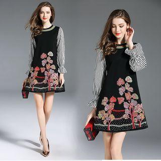 Panel Sleeve Embroidery A-line Dress