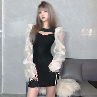 Long-sleeve Two-tone Mesh Panel Cutout Mini Sheath Dress