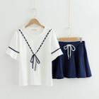 Set: Tie Neck Short-sleeve T-shirt + A-line Skirt As Shown In Figure - One Size