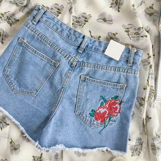 Rose Embroidered High-waist Denim Shorts