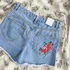 Rose Embroidered High-waist Denim Shorts