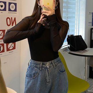 Long-sleeve Turtleneck Plain Mesh Top