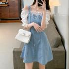 Mock Two-piece Puff-sleeve Buckled Denim A-line Dress