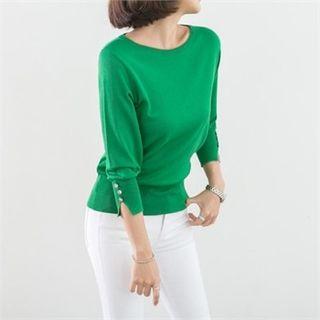 Round-neck Buttoned-cuff Knit Top