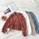 Plain Corduroy Ribbon Lace-up Puff-sleeve Top