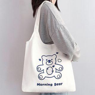 Bear Print Canvas Tote Bag Bear - White - One Size