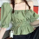 Plaid One-shoulder Puff-sleeve Peplum Blouse / Straight-cut Pants